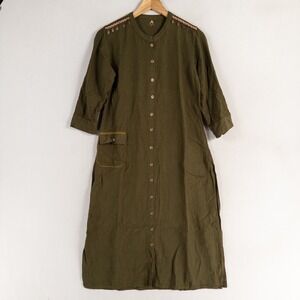 ATEESA Kurta Tunic Top Womens Sz Large Olive Green Linen Blend Pocket Casual